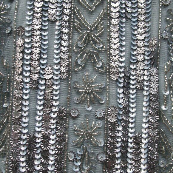 Mac Duggal 5980 Blue High Neck Short Sleeve Crystal Fringe Column Dress - Picture 8 of 15